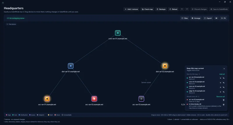 Live map with down, alerting and unreachable devices colored, and a panel offering new devices and flagging dead ones.