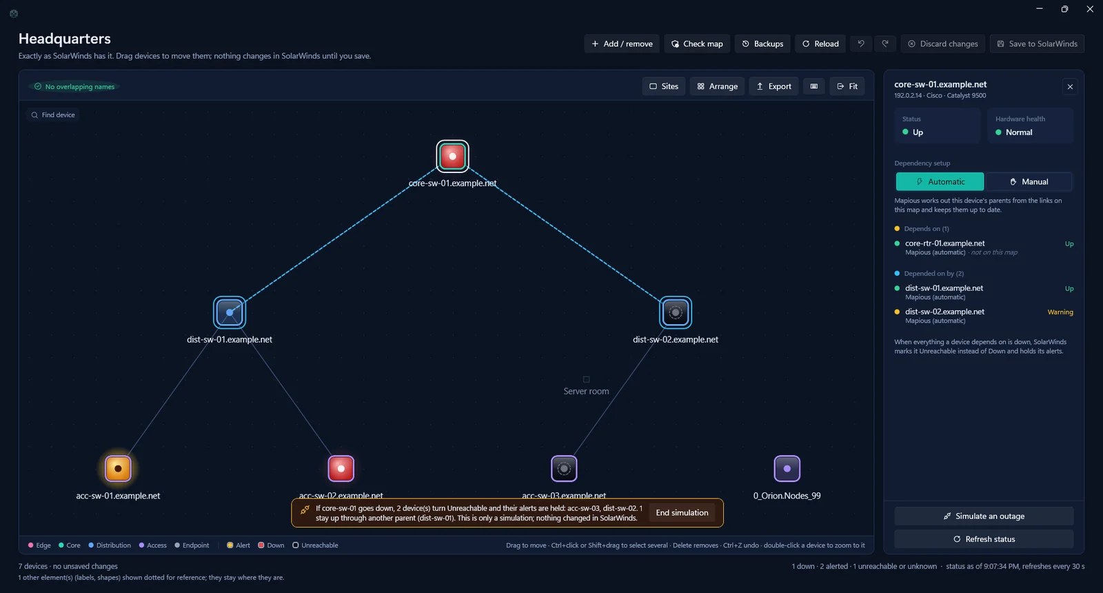Mapious map with a core switch selected, showing its status, hardware health and dependencies, and an outage simulation listing which devices would become unreachable.