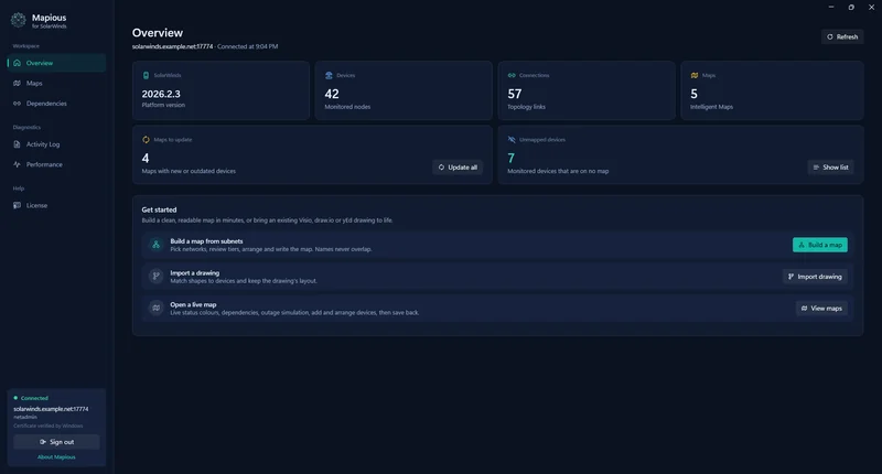 Overview dashboard showing devices, connections, maps to update and devices on no map.